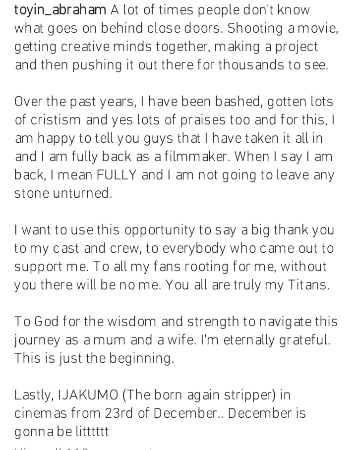 Nollywood's super star Toyin Abraham goes emotional saying “I have been bashed and criticised” as she recounts trials in emotional self note