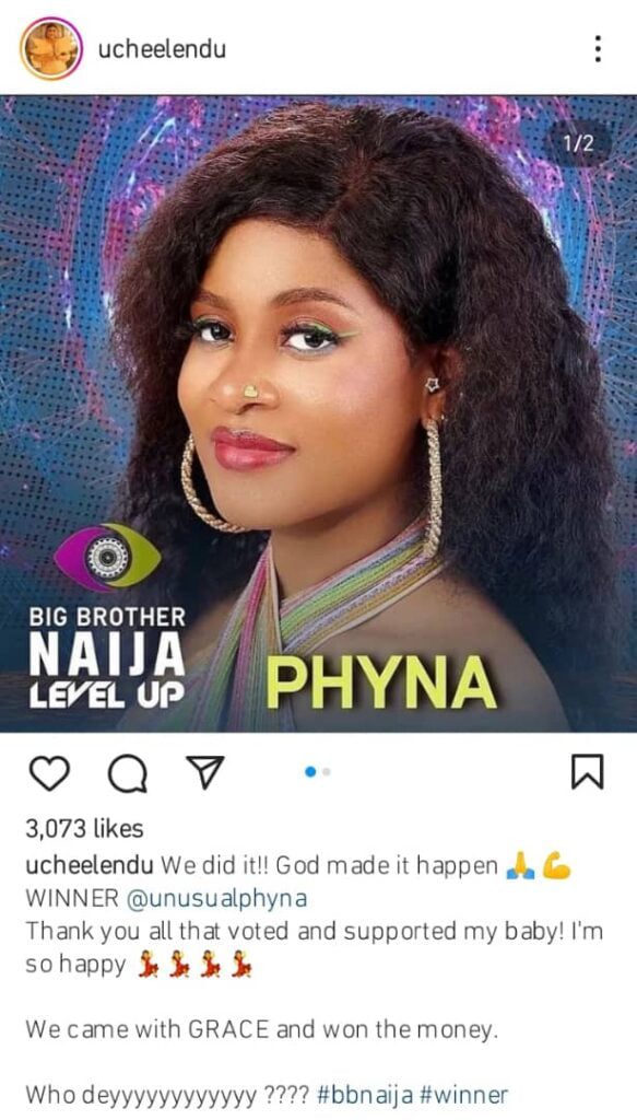 Social media rejoices as Celebrities Mercy Aigbe, Mercy Eke, Eniola Ajao, and others congratulates Phyna over BBNaija’s win