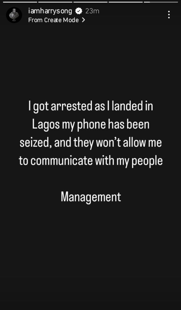 Controversial Singer Harrysong confirms his arrest in first public statement